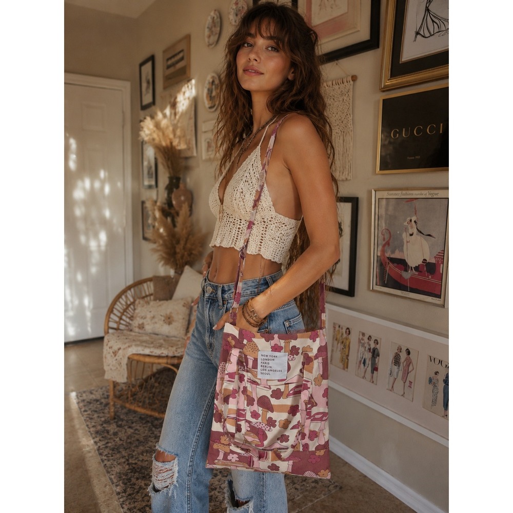 Pink Mushroom Floral Canvas Tote Bag Crossbody Adjustable Strap Retro Boho NEW